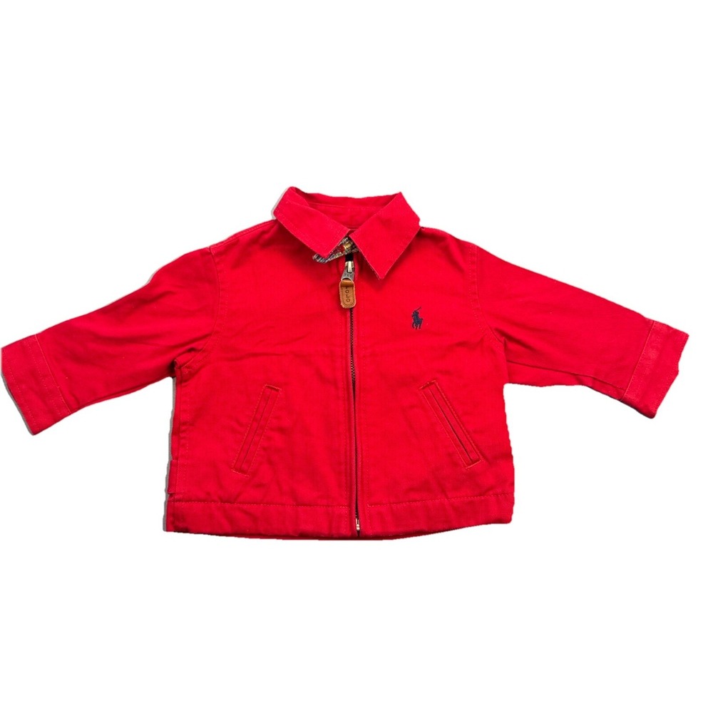 Ralph Lauren Infant Boys Red Zippered Jacket Size 9 Months Leather Plaid Collar